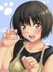 Rule 34 | 1girl, amagami, bare shoulders, black hair, black shirt, blue background, blue overalls, blush, breasts, claw pose, close-up, collarbone, commentary, embarrassed, hair between eyes, hair strand, hands up, highres, jishaku (user rcuz2843), looking at viewer, medium breasts, nanasaki ai, open mouth, overalls, paw print, purple eyes, shirt, short hair, sleeveless, sleeveless shirt, solo, sweatdrop, teeth, yellow overalls