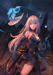 Rule 34 | 1girl, belt, black dress, black gloves, black thighhighs, blue eyes, breasts, cleavage, cloud, cloudy sky, collarbone, dress, elbow gloves, eyeball, floating hair, gloves, glowing, glowing eye, head wings, highres, holding, holding sword, holding weapon, long hair, looking at viewer, md5 mismatch, medium breasts, nekojira, night, open mouth, original, outdoors, pleated dress, resolution mismatch, silver hair, sky, sleeveless, sleeveless dress, solo, source smaller, sword, thighhighs, very long hair, waistcoat, weapon, wings