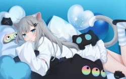 Rule 34 | 1girl, :3, amashiro natsuki, animal ears, aqua eyes, black footwear, blush, cat ears, cat girl, cat tail, closed mouth, commentary, eyebrows hidden by hair, eyes visible through hair, fingernails, frilled shirt, frills, grey hair, hair ornament, hairclip, head on pillow, heart, highres, indie virtual youtuber, leg up, long hair, long sleeves, looking at viewer, lying, nachoneko, on stomach, paw print, pillow, shirt, sleep mask, sleepwear, sleeves past wrists, slippers, smile, socks, striped clothes, striped legwear, striped socks, symbol-only commentary, tail, virtual youtuber, white shirt, wide sleeves
