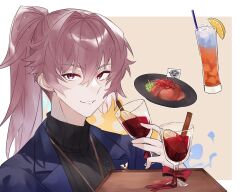 Rule 34 | 1boy, alcohol, black sweater, blue jacket, border, brown background, cinnamon stick, cup, double-parted bangs, drink, drinking glass, drinking straw, food, fruit, garnish, granblue fantasy, hair between eyes, highres, holding, holding cup, ice, ice cube, iced tea, jacket, jewelry, lapels, lemon, lemon slice, long hair, looking at viewer, male focus, meat, mini flag, mulled wine, notched lapels, open clothes, open jacket, orange (fruit), orange slice, outside border, parted lips, pendant, plate, ponytail, purple hair, red eyes, red hair, red ribbon, red wine, ribbed sweater, ribbon, rice, simple background, smile, solo, sweater, tea, tray, turtleneck, turtleneck sweater, upper body, white border, wine, wine glass, wooden tray, yakota (usuk-yako), yurius (shingeki no bahamut)