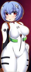 Rule 34 | 1girl, ayanami rei, blue hair, blush, bodysuit, breasts, hair ornament, hand on own hip, interface headset, large breasts, looking at viewer, neon genesis evangelion, open mouth, pilot suit, plugsuit, pokumii, purple background, red eyes, short hair, standing, white bodysuit