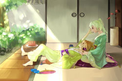 Rule 34 | 2girls, alternate costume, arm up, barefoot, bowl, breasts, brown eyes, couple, earmuffs, expressionless, eye contact, floral print, flower, food, frilled kimono, frills, from side, fruit, fusuma, green eyes, green hair, hair between eyes, hand fan, hand on another&#039;s face, headphones, high ponytail, highres, japanese clothes, kimono, lap pillow, light, light brown hair, light rays, long sleeves, looking at another, lying, lying on lap, lying on person, multiple girls, obi, on back, on floor, paper fan, pillow, plate, ponytail, porch, profile, rock, sash, seiza, shade, short hair, sitting, sliding doors, small breasts, soga no tojiko, sunbeam, sunlight, tansuan zhanshi, touhou, toyosatomimi no miko, tree, uchiwa, vase, veranda, wariza, watermelon, wide sleeves, yuri