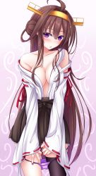 Rule 34 | 10s, 1girl, ahoge, bare shoulders, blush, breasts, brown hair, cleavage, fingernails, hair bun, hairband, highres, kantai collection, kongou (kancolle), large breasts, long hair, looking at viewer, nail polish, nontraditional miko, open clothes, open mouth, panties, panty pull, purple eyes, single hair bun, solo, thighhighs, underwear, very long hair, wide sleeves, yoye (pastel white)