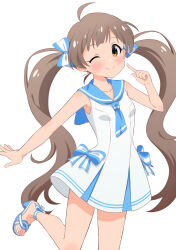 Rule 34 | 1girl, ahoge, bare shoulders, blue bow, blue footwear, blue neckerchief, blue ribbon, blue sailor collar, blush, bow, breasts, brown eyes, brown hair, closed mouth, collarbone, cowboy shot, dot nose, dress, goma konbu, hair bow, hair ribbon, hakozaki serika, hand up, highres, idolmaster, idolmaster million live!, idolmaster million live! theater days, index finger raised, leg up, long hair, looking at viewer, neckerchief, one eye closed, outstretched arm, ribbon, sailor collar, sailor swimsuit (idolmaster), sandals, simple background, sleeveless, sleeveless dress, small breasts, smile, solo, standing, standing on one leg, twintails, very long hair, white background, white dress, wink