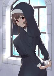 Rule 34 | 1girl, absurdres, black dress, braid, breasts, brown hair, closed mouth, cowboy shot, dress, from behind, habit, highres, indoors, large breasts, leaning forward, long hair, long sleeves, looking at viewer, looking back, nun, original, own hands together, red eyes, shochiku, smile, solo, traditional nun, window