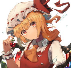 Rule 34 | 1girl, :/, ascot, asymmetrical hair, berry, blonde hair, blunt bangs, bow, breasts, closed mouth, commentary request, crystal, flandre scarlet, food, fruit, hat, hat bow, hat ribbon, head tilt, highres, holding, holding food, holding fruit, kurowa (curowa), long hair, looking at viewer, mob cap, puffy short sleeves, puffy sleeves, red bow, red eyes, red ribbon, red vest, ribbon, ribbon-trimmed headwear, ribbon trim, shirt, short sleeves, simple background, small breasts, solo, touhou, upper body, vest, water, water drop, white background, white hat, white shirt, wings, wrist cuffs, yellow ascot
