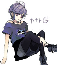 Rule 34 | 10s, 1boy, angry, bags under eyes, bare shoulders, boots, character name, diabolik lovers, frown, high heels, looking at viewer, lovi (momoko37), male focus, open mouth, pantyhose, purple hair, red eyes, sakamaki kanato, shorts, simple background, skull, solo, white background