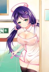 Rule 34 | 10s, 1girl, absurdres, aqua eyes, bad id, bad pixiv id, breasts, cleavage, cleavage cutout, clothing cutout, condom, hair ornament, hairclip, hat, highres, large breasts, long hair, looking at viewer, love live!, love live! school idol project, nurse, nurse cap, purple hair, scrunchie, see-through, smile, solo, thighhighs, tojo nozomi, twintails, yura (jackrose-yura), zettai ryouiki