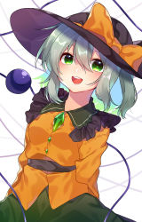 Rule 34 | 1girl, :d, absurdres, black hat, blouse, blush, bow, frilled shirt collar, frilled sleeves, frills, green eyes, green hair, green skirt, hair between eyes, hat, hat bow, heart, heart of string, highres, komeiji koishi, long sleeves, looking at viewer, open mouth, renka (sutegoma25), ribbon, shirt, skirt, smile, solo, third eye, touhou, wide sleeves, yellow bow, yellow shirt