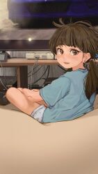 Rule 34 | 1girl, :d, bean bag chair, blue shirt, blue shorts, brown eyes, brown hair, cable, casual, check commentary, commentary request, earrings, from behind, game console, hair tie, highres, indian style, ira (servachok), jewelry, leaning back, light blush, looking at viewer, looking back, loose hair strand, low twintails, messy hair, open mouth, original, parted lips, playing games, playstation 1, polka dot, polka dot shorts, russian commentary, servachok, shirt, short shorts, shorts, sitting, smile, solo, stud earrings, t-shirt, television, thick eyebrows, twintails