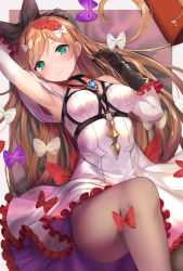 Rule 34 | 1girl, armpits, black gloves, bow, breasts, chest harness, clarisse (granblue fantasy), clarisse (soleil blanc) (granblue fantasy), closed mouth, flower, gloves, granblue fantasy, green eyes, hair bow, hair flower, hair ornament, harness, highres, long hair, looking at viewer, lying, medium breasts, mizuya nao, on back, orange hair, pantyhose, purple bow, red bow, red flower, red rose, rose, smile, solo, white bow