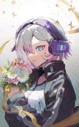 Rule 34 | 1girl, black coat, blue eyes, bouquet, cevio, ci flower, coat, commentary, flower, flower (vocaloid), headphones, highres, holding, holding bouquet, jacket, looking at viewer, multicolored hair, nao (naaa 195), parted lips, pink flower, purple hair, ribbon, shirt, short hair, solo, streaked hair, tsurime, upper body, vocaloid, white flower, white hair, white shirt
