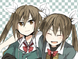 Rule 34 | 10s, 2girls, annin musou, arm around neck, bad id, bad pixiv id, bow, bowtie, brown eyes, brown hair, checkered background, closed eyes, dual persona, hair ribbon, kantai collection, multiple girls, remodel (kantai collection), ribbon, smirk, tone (kancolle), twintails