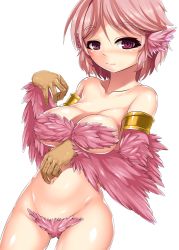 Rule 34 | 1girl, armband, blush, breasts, claws, cleavage, feathers, harigane shinshi, harpy, highres, large breasts, monster girl, navel, nude, original, pink hair, red eyes, short hair, simple background, smile, solo, white background, wings