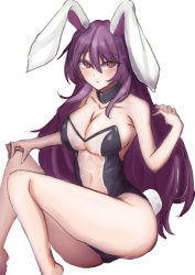 Rule 34 | 1girl, absurdres, animal ears, ass, barefoot, breasts, cleavage, closed mouth, highres, kuraki, large breasts, leotard, long hair, looking at viewer, meme attire, navel, playboy bunny, purple hair, rabbit ears, rabbit tail, red eyes, reisen udongein inaba, simple background, solo, tail, touhou, translucent bunnysuit, white background