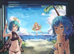 Rule 34 | 3girls, antennae, aqua hair, bare arms, bare legs, bare shoulders, barefoot, beach, bikini, bikini skirt, black bikini, blonde hair, blue bow, blue eyes, blue hair, blue sky, bow, breasts, butterfly wings, cirno, cleavage, closed mouth, day, eternity larva, fairy wings, floating, full body, hair bow, hand on own hip, hand up, insect wings, lily white, long hair, looking at viewer, multiple girls, natori youkai, navel, no wings, ocean, open mouth, orange eyes, outdoors, outstretched arms, palm tree, red bikini, ringed eyes, short hair, sky, smile, spread arms, standing, stomach, striped bikini, striped clothes, summer, swimsuit, tan, touhou, tree, upper body, very long hair, wings