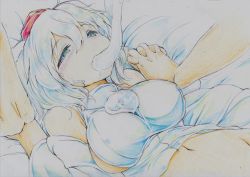 Rule 34 | 1girl, animal ears, bad id, bad pixiv id, bare shoulders, blue eyes, blush, bottomless, breasts, colored pencil (medium), detached sleeves, eating, holding hands, hat, highres, interlocked fingers, inubashiri momiji, kitazinger, large breasts, lying, midriff, navel, on back, out-of-frame censoring, short hair, sideboob, silver hair, tokin hat, touhou, traditional media, wolf ears