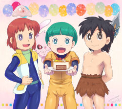 :d anniversary arms_behind_back bad_tag bare_legs black_hair blue_tights child doraemon doraemon:_nobita_no_himitsu_dougu_museum doraemon:_nobita_no_nihon_tanjou elementary_schoolboy globes green_hair highres jacket jumpsuit kukuru_(doraemon) kurt_hartman lance legs loincloth male medium_hair messy_hair open_mouth polearm popon_(doraemon) red_hair roppuru short_hair shota smile topless topless_male weapon white_jacket