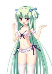 Rule 34 | 1girl, :d, alternate costume, arm strap, bikini, black ribbon, blue bow, blunt bangs, blunt ends, blush, bow, breasts, chinese commentary, collarbone, commentary request, eyes visible through hair, feet out of frame, frilled bikini, frills, green hair, hair bow, halterneck, hands up, happy, highres, hime cut, long hair, looking at viewer, murasame (senren), navel, open mouth, red eyes, ribbon, senren banka, shu pian, sidelocks, simple background, skindentation, small breasts, smile, solo, standing, stomach, straight hair, swimsuit, thighhighs, thighs, tsurime, two side up, very long hair, white background, white bikini, white thighhighs