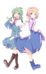 Rule 34 | 2girls, alice margatroid, alice margatroid (cosplay), aoi (annbi), blonde hair, blue eyes, bow, capelet, cosplay, costume switch, detached sleeves, dress, frog, frog hair ornament, gohei, green eyes, green hair, hair ornament, hairband, kochiya sanae, kochiya sanae (cosplay), long hair, multiple girls, oonusa, ribbon, short hair, simple background, skirt, smile, snake, snake hair ornament, touhou