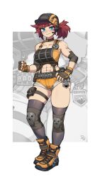 Rule 34 | 1girl, abs, absurdres, baseball cap, belt buckle, black choker, black thighhighs, blue eyes, boots, breasts, buckle, choker, cleavage, commission, difman, elbow pads, fingerless gloves, ford, ford bronco, full body, gloves, hat, headset, highres, knee pads, large breasts, mecha musume, muscular, muscular female, orange footwear, orange gloves, orange shorts, orange sports bra, original, personification, pouch, red hair, short hair, shorts, side ponytail, skindentation, solo, sports bra, suspender shorts, suspenders, thick thighs, thigh pouch, thigh strap, thighhighs, thighs, thumbs up