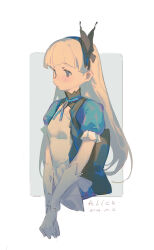 Rule 34 | 1girl, alice (alice in wonderland), alice in wonderland, apron, back bow, black bow, black collar, black hairband, blonde hair, blue dress, blue eyes, blue ribbon, blue sleeves, blunt bangs, bow, character name, closed mouth, collar, collared dress, commentary, cropped torso, dated, dress, elbow gloves, gloves, hair bow, hairband, high collar, highres, light blush, light frown, long hair, looking ahead, neck ribbon, own hands together, puffy short sleeves, puffy sleeves, ribbon, sanyang003, short sleeves, simple background, solo, straight hair, white apron, white background, white gloves