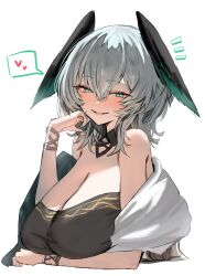 Rule 34 | 1girl, aqua eyes, arknights, bare shoulders, black dress, black wings, breasts, cleavage, commentary request, dress, grey hair, hair between eyes, head wings, heart, highres, ho&#039;olheyak (arknights), ho&#039;olheyak (carriage of the winds of time) (arknights), horn/wood, large breasts, looking at viewer, official alternate costume, shawl, simple background, slit pupils, smirk, solo, spoken heart, upper body, white background, white shawl, wings