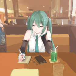 Rule 34 | 1girl, aqua eyes, aqua hair, aqua necktie, bare shoulders, cable, cellphone, commentary, detached sleeves, drinking straw, expressionless, glass, hair ornament, hatsune miku, hatsune miku (vocaloid4), head on hand, headphones, highres, holding, holding pen, long hair, looking down, melon soda, n03+, necktie, notebook, notepad, pen, phone, restaurant, shirt, shoulder tattoo, sitting, sleeveless, sleeveless shirt, smartphone, solo, tattoo, twintails, very long hair, vocaloid