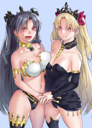 Rule 34 | 2girls, ahoge, armlet, asymmetrical docking, barefoot, bikini, black detached collar, black dress, black hair, black panties, black thighhighs, blonde hair, blue background, blush, breast press, breasts, cleavage cutout, closed mouth, clothing cutout, crown, detached collar, detached sleeves, dress, earrings, ereshkigal (fate), eyebrows hidden by hair, eyes visible through hair, fate/grand order, fate (series), gold trim, hair ribbon, happy, highres, holding hands, hoop earrings, ishtar (fate), jewelry, large breasts, long hair, looking at viewer, medium breasts, midriff, mismatched bikini, multiple girls, naughty face, navel, neck, neck ring, necklace, open mouth, panties, parted bangs, red eyes, ribbon, short dress, siblings, siku siku, simple background, single detached sleeve, single sleeve, single thighhigh, sisters, skull, skull necklace, smile, spine, standing, straight hair, strapless, strapless bikini, strapless dress, swimsuit, thighhighs, thighlet, thighs, tiara, two side up, type-moon, underwear, very long hair, yuri