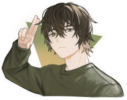 Rule 34 | 1boy, black hair, black shirt, gradient hair, hair between eyes, hand up, highres, long sleeves, magami keigo, male focus, messy hair, multicolored hair, nennen (pixiv14003276), salute, shirt, short hair, simple background, solo, two-finger salute, white background, witch watch