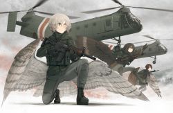 Rule 34 | 3girls, aircraft, assault rifle, asterisk kome, battle rifle, black footwear, black gloves, boots, brown eyes, brown hair, brown wings, feathered wings, fn fal, frances royce, full body, gloves, green jacket, grey eyes, grey hair, grey pants, grey wings, gun, helicopter, heterochromia, highres, holding, holding weapon, jacket, load bearing vest, long hair, military, miriam hawker, multiple girls, on one knee, orange eyes, pants, piasecki h-21, rifle, scar, scar on face, short hair, signature, sniper rifle, soldier, weapon, winged fusiliers, wings