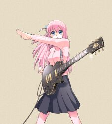 Rule 34 | 1girl, :o, artist name, black skirt, blue eyes, bocchi the rock!, brown background, clenched hand, commentary, cube hair ornament, electric guitar, floating hair, gibson les paul, gotoh hitori, guitar, hair between eyes, hair ornament, hand up, highres, instrument, jacket, kikumaru bunta, long bangs, long hair, one side up, open mouth, pants, pants under skirt, pink hair, pink jacket, pink pants, pink track suit, pleated skirt, shaded face, signature, skirt, solo, spread legs, standing, sweatpants, textless version, track jacket, translated, v-shaped eyebrows