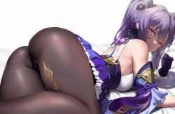 Rule 34 | 1girl, ass, bare shoulders, black gloves, black pantyhose, breasts, detached sleeves, from behind, from side, genshin impact, gloves, highres, keqing (genshin impact), long hair, looking at viewer, looking back, lying, mochirong, on stomach, pantyhose, purple eyes, purple hair, solo, twintails, vision (genshin impact)