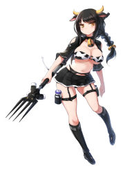 Rule 34 | 1girl, animal ears, bell, black hair, boots, bottle, braid, breasts, cleavage, collar, cow ears, cow girl, cow tail, cowbell, garter belt, garter straps, highres, holding, holding pitchfork, horns, knee boots, large breasts, long hair, looking at viewer, milk bottle, navel, neck bell, original, pitchfork, ponytail, simple background, single braid, solo, tail, thigh strap, weapon, white background, yellow eyes, zenn
