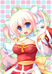 Rule 34 | 1girl, :d, antenna hair, arch bishop (ragnarok online), blue eyes, blush, bow, breasts, cleavage, cleavage cutout, clothing cutout, comiket 79, commentary request, cross, dress, furukawa lemon, hair between eyes, hair bow, hat, juliet sleeves, large breasts, long hair, long sleeves, looking at viewer, open mouth, pink hair, puffy sleeves, ragnarok online, santa hat, sash, smile, solo, star (symbol), starry background, twintails, two-tone dress, upper body, white bow, white dress, yellow sash