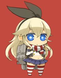 Rule 34 | 1girl, black panties, blonde hair, chibi, elbow gloves, full body, gloves, hair ornament, hairband, kantai collection, long hair, looking at viewer, mota, navel, panties, sailor collar, school uniform, serafuku, shimakaze (kancolle), simple background, skirt, solo, striped clothes, striped thighhighs, thighhighs, underwear, white gloves
