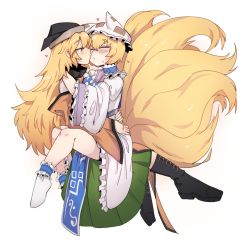 Rule 34 | 2girls, animal hat, black footwear, black headwear, blonde hair, blush, boots, closed eyes, closed mouth, commentary, commission, dress, english commentary, fox tail, green skirt, hat, heart, highres, holding person, imminent kiss, kitsune, long hair, long sleeves, looking at another, matara okina, mob cap, multiple girls, multiple tails, nyong nyong, mob cap, short hair, simple background, skirt, smile, sweatdrop, tabard, tail, touhou, white background, white dress, white footwear, white headwear, wide sleeves, yakumo ran, yellow eyes, yuri