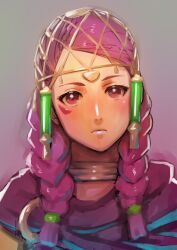 Rule 34 | 1girl, aduti momoyama, braid, cape, closed mouth, eyeliner, facial mark, fire emblem, fire emblem: three houses, fire emblem warriors: three hopes, frown, gradient background, highres, jewelry, lips, long hair, makeup, neck ring, nintendo, petra macneary, pink lips, purple cape, purple hair, red eyeliner, red eyes, solo, twin braids, upper body