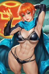 Rule 34 | 1girl, abs, aged up, arm behind head, armpits, ben 10, black bra, black panties, black shrug, blue cloak, blurry, blurry background, bra, breasts, cloak, commentary, earrings, english commentary, freckles, green eyes, gwen tennyson, highres, jewelry, large breasts, mixed-language commentary, navel, neoartcore, orange hair, paid reward available, panties, patreon username, short hair, shrug (clothing), solo, sweat, thai commentary, underwear, watermark, zipper, zipper pull tab