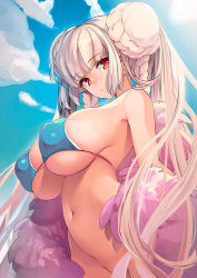 Rule 34 | 1girl, alternate costume, azur lane, bikini, blue bikini, blush, bottomless, braid, breasts, commentary request, convenient censoring, day, double bun, formidable (azur lane), formidable (the lady of the beach) (azur lane), hair bun, highres, large breasts, long hair, looking at viewer, navel, outdoors, red eyes, sidelocks, sky, solo, standing, swimsuit, tan, tanline, thomasz, very long hair
