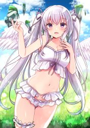 Rule 34 | 1girl, :d, angel, angel wings, bad id, bad pixiv id, bare arms, bare shoulders, blue sky, blush, breasts, cleavage, cloud, cloudy sky, commentary request, cowboy shot, crop top, day, fang, feathered wings, hair between eyes, hair ribbon, hands up, highres, long hair, medium breasts, minami saki, navel, open mouth, original, outdoors, purple eyes, purple ribbon, ribbon, signature, silver hair, skin fang, sky, smile, solo, twintails, very long hair, white wings, wings