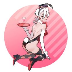 Rule 34 | 1boy, 3upin, absurdres, alcohol, animal ears, backless leotard, black thighhighs, crossdressing, cup, drinking glass, ear piercing, expressionless, fake animal ears, food, fruit, high heels, highres, jojo no kimyou na bouken, kneeling, leotard, looking at viewer, looking back, male playboy bunny, pannacotta fugo, piercing, rabbit ears, rabbit tail, red eyes, ribbon, simple background, strapless, strapless leotard, strawberry, tail, thighhighs, torn clothes, torn thighhighs, trap, tray, white hair, wine, wine glass