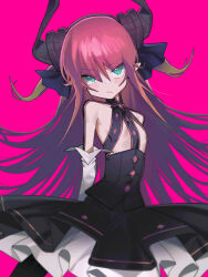 Rule 34 | 1girl, absurdres, black ribbon, breasts, closed mouth, detached sleeves, dress, elizabeth bathory (fate), elizabeth bathory (fate/extra ccc), elizabeth bathory (first ascension) (fate), fate/extra, fate/extra ccc, fate/grand order, fate (series), frilled dress, frills, green eyes, hair ribbon, highres, horns, long hair, looking at viewer, pink background, pointy ears, red hair, ribbon, saaal653, simple background, small breasts, solo, tail, two side up, very long hair