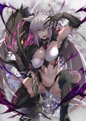 Rule 34 | 1girl, ahoge, animal ears, arm support, atalanta alter (fate), atalanta (fate), breasts, claws, elbow gloves, fangs, fate/grand order, fate (series), fur, gloves, green eyes, grey hair, highres, hotate-chan, large breasts, navel, solo, squatting