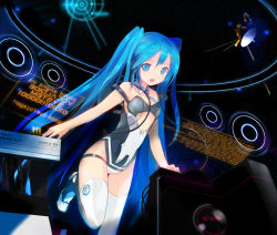Rule 34 | 1girl, :d, alternate costume, bad id, bad pixiv id, bare shoulders, blue eyes, blue hair, cameltoe, detached collar, floating screen, h016, hatsune miku, headphones, long hair, looking at viewer, matching hair/eyes, open mouth, satellite, smile, solo, space, star (sky), strap slip, thighhighs, twintails, very long hair, vocaloid, voyager, white thighhighs