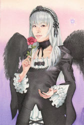 Rule 34 | 1girl, dress, flower, juna (junastern), juna (pixiv410962), long hair, looking at viewer, lowres, painting (medium), parody, realistic, red flower, red rose, rose, rozen maiden, silver hair, simple background, solo, suigintou, tanaka rie, traditional media, voice actor, voice actor connection, watercolor (medium), wings