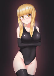 Rule 34 | 1girl, blonde hair, competition swimsuit, glasses, hachimitsu-b, long hair, one-piece swimsuit, perrine h. clostermann, strike witches, swimsuit, tail, thighhighs, world witches series, yellow eyes