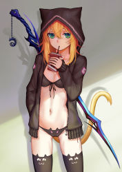 Rule 34 | 1girl, absurdres, animal ear legwear, animal hood, bikini, black bikini, blonde hair, breasts, cat ear bikini, cat ear legwear, cat ear panties, cat hood, cat lingerie, cat tail, cleavage, collarbone, eating, expressionless, food, green eyes, groin, hand in pocket, highres, holding, holding behind back, hood, hoodie, jitome, long sleeves, looking at viewer, medium breasts, meme attire, navel, open clothes, open hoodie, original, package, panties, pocky, shiny skin, short hair, solo, sonikey0 0, stomach, swimsuit, sword, tail, thigh gap, thighhighs, underwear, unzipped, weapon, zipper