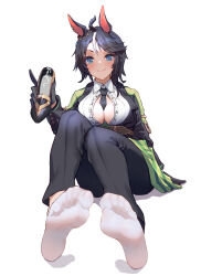 Rule 34 | 1girl, 1nature1, absurdres, ahoge, animal ears, arm support, black footwear, black gloves, black hair, black jacket, black necktie, black pants, blue eyes, breasts, center frills, cleavage, closed mouth, collared shirt, cum, cum on clothes, ear ornament, ear piercing, feet, foot focus, frilled shirt, frills, fuji kiseki (umamusume), full body, gloves, hair between eyes, hand up, highres, holding, holding shoes, horse ears, horse girl, jacket, large breasts, long sleeves, looking at viewer, multicolored hair, necktie, open clothes, open jacket, pants, piercing, shadow, shirt, shoes, unworn shoes, short hair, sidelocks, simple background, sitting, smile, socks, solo, umamusume, underbust, white background, white hair, white shirt, white socks