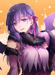 Rule 34 | 1girl, bad id, bad pixiv id, blush, bow, breasts, crop top, crystal, earrings, elbow gloves, fate/stay night, fate (series), fur-trimmed gloves, fur collar, fur trim, gloves, h sueun, hair between eyes, hair bow, halloween, hand up, head tilt, jewelry, long hair, matou sakura, medium breasts, orange background, parted lips, pink gloves, pink shirt, purple bow, purple eyes, purple hair, round teeth, shirt, solo, teeth, twitter username, upper teeth only